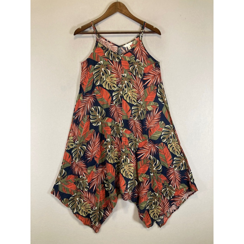 Tropical Boho Time‎ and Tru Womens Small Palm Leaf Linen/Cotton Sharkbite Dress